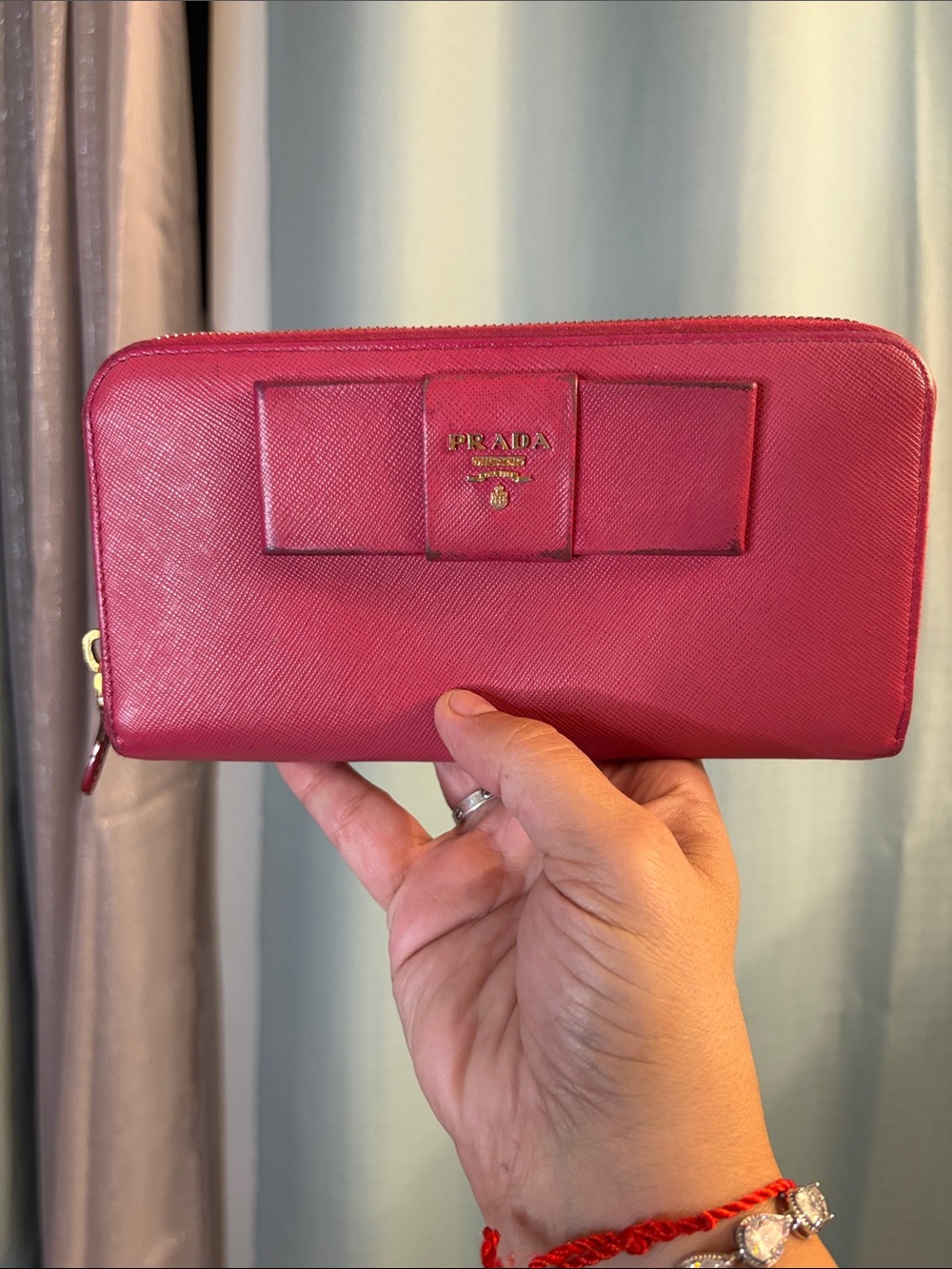 Prada Fuchsia Saffiano Leather Bow Zip Wallet